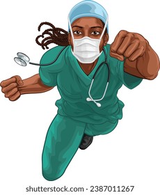 A super hero black woman doctor or nurse medical healthcare health professional in scrubs flying through the sky in a classic superhero pose