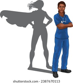 A super hero black woman doctor or nurse medical healthcare health professional in scrubs. Revealed to be a superhero by her shadow.