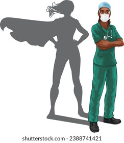 A super hero black woman doctor or nurse medical healthcare health professional in scrubs. Revealed to be a superhero by her shadow.