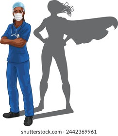 A super hero black woman doctor or nurse medical healthcare health professional in scrubs. Revealed to be a superhero by her shadow.