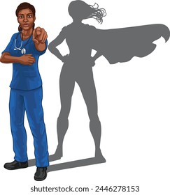 A super hero black woman doctor or nurse medical healthcare health professional in scrubs pointing. Revealed to be a superhero by her shadow.