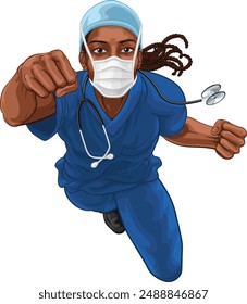 A super hero black woman doctor or nurse medical healthcare health professional in scrubs flying through the sky in a classic superhero pose