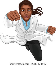 A super hero black woman female scientist or doctor in a lab coat flying through the sky in a classic superhero pose