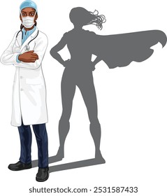 A super hero black woman female doctor medical healthcare health professional in mask and PPE pointing. Revealed to be a superhero by her shadow.