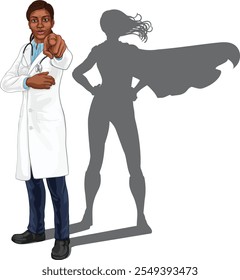 A super hero black woman female doctor medical healthcare health professional pointing. Revealed to be a superhero by her shadow.