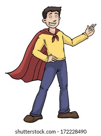 Super hero boy with a cape, pointing, vector illustration