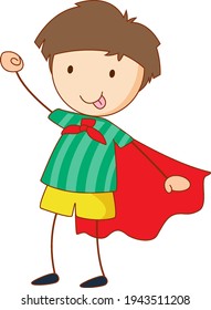Super hero boy cartoon character in hand drawn doodle style isolate illustration