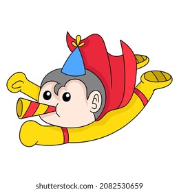 super hero boy flying with trumpet for new year celebration, vector illustration art. doodle icon image kawaii.