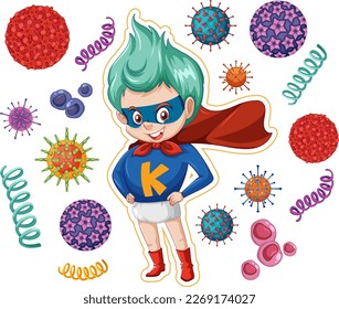 Super hero boy surrounded by germs illustration