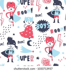 Super hero boys. Hand drawn vector seamless pattern