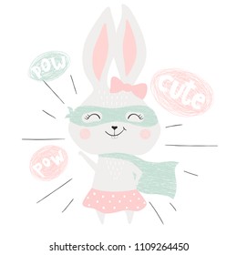 Super hero bunny cute baby print. Sweet rabbit girl with funny costume, mask and cape. Fashion child vector. Cool scandinavian illustration for t-shirt, kids apparel, invitation design