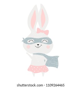 Super hero bunny cute baby print. Sweet rabbit girl with funny costume, mask and cape. Fashion child vector. Cool scandinavian illustration for t-shirt, kids apparel, invitation design