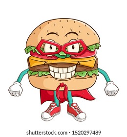 Super hero burger cartoon character with funny smile face