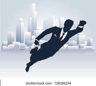 A super hero business man flying through the air over a city scene