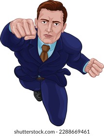 A super hero business man in a suit and tie superhero flying through the air