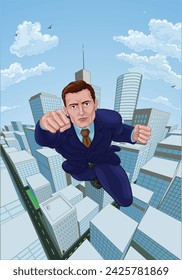 A super hero business man in a suit and tie superhero flying through the air with a city in the background