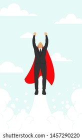 Super hero business man wearing red cape. Manager leader flying up with stretched arm clenched fist. Businessman superhero fly holding paper document. Business leadership flat line vector illustration