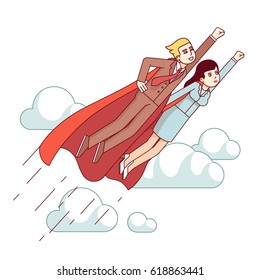 Super hero business man & woman in red capes flying fast in the sky with clenched fists. Metaphor of leadership & achievement. Modern flat style thin line vector illustration isolated on white.