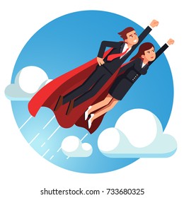 Super hero business man & woman in red capes flying fast above sky clouds with clenched fists. Metaphor of leadership & achievement. Flat style vector illustration isolated on white background.