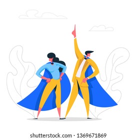 Super Hero Business People Characters in Cape. Leadership Teamwork, Career Growth, Goal Achievement Concept with Successful Businessman and Businesswoman. Flat Vector Cartoon Illustration