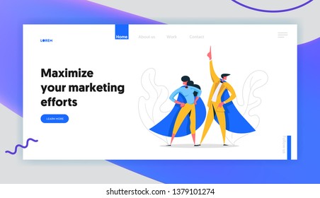 Super Hero Business People Characters Banner. Leadership Teamwork, Career Growth, Goal Achievement Concept with Businessman and Businesswoman Website, Landing Page. Flat Vector Cartoon Illustration