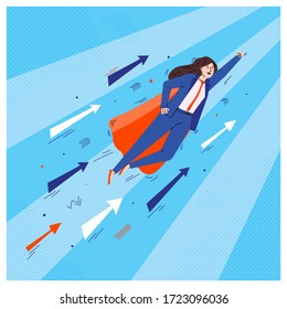 Super hero business woman flying on air with growth arrows