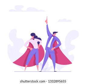 Super Hero Businessman and Business Woman Characters in Red Cape. Leadership Teamwork, Career Growth, Goal Achievement Concept. Flat Vector Cartoon Illustration