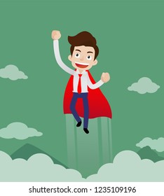 Super hero businessman in red cape fiying over the mountains and clouds in the sky, Cartoon vector illustration