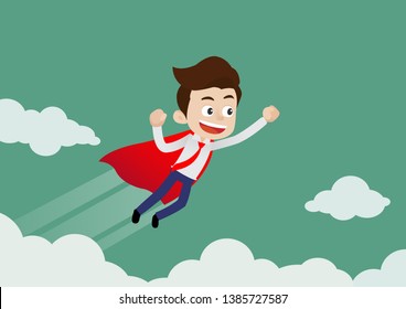 Super hero businessman in red cape fiying upward to his success, Cartoon vector illustration