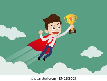 Super hero businessman in red cape fiying and holding gold trophy of success, Cartoon vector illustration