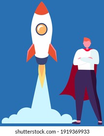 Super Hero businessman standing in red cloak near the rocket ready to take off on blue background. Successful super business man near flying space ship. Concept of inspiration, business start up