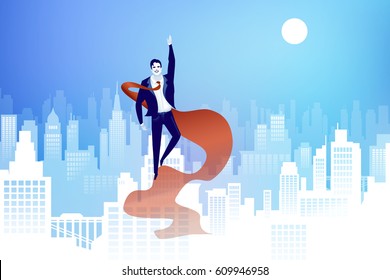 Super hero businessman in suit flying up. Corporate grow up vector illustration for poster, presentation or business card