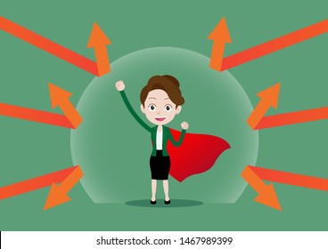 Super hero businesswoman in red cape with a dome of armor that prevents problems, Cartoon vector illustration