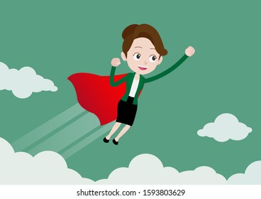 Super hero businesswoman in red cape fiying upward to her success, Cartoon vector illustration