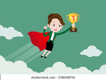 Super hero businesswoman in red cape fiying and holding gold trophy of success, Cartoon vector illustration