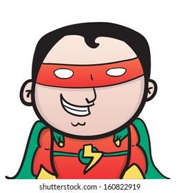 Super hero bust with a red uniformed mask, a green cape and lightning