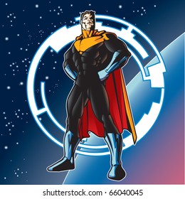 Super hero with cape above a planet.