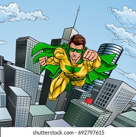 Super hero with a cape in a cartoon pop art comic book style flying over a city