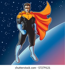 Super hero with cape flying above a planet.