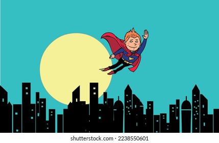Super hero with a cape flying over a city. Vector cartoon illustration.
