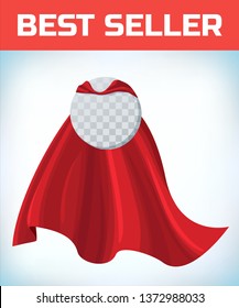 Super hero cape. Red super cloak. Hero clothes. Halloween costume. Strong woman. Super female cape. Girl power. Power icon. Leadership logo. Superhero sign. Success concept. Circle logo