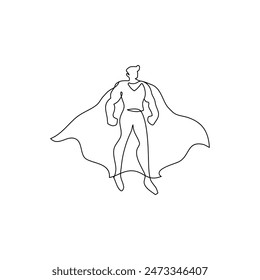 Super hero with a cape. standing man hero in continuous line drawing. Vector illustration