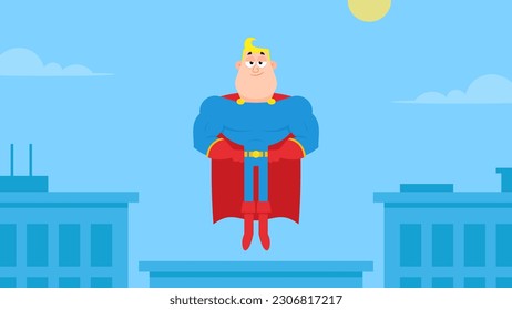 Super Hero Cartoon Character Flying. Vector Illustration Flat Design With City Landscape  Background