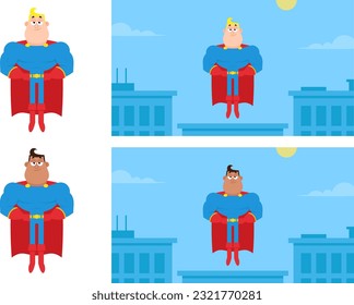 Super Hero Cartoon Characters Flying. Vector Flat Design Collection Set Isolated On Transparent Background