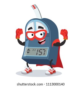 Super hero cartoon glucometer character mascot in sneakers on a white background
