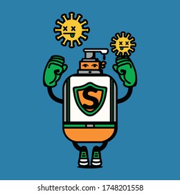Super Hero cartoon hand sanitizer gel is use blow power to kill the coronavirus. Concept of Washing your hand for anti virus, Anti bacteria. Hand sanitizer will kill the corona virus.