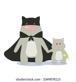 Super hero cat dad and daughter. Father cat and daughter family team. Cartoon super cat. Vector illustration.