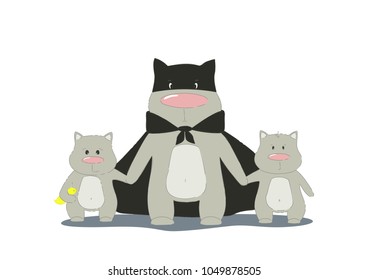 Super hero cat dad with son and daughter. Father cat and kittens family team. Cartoon super cat. Vector illustration.