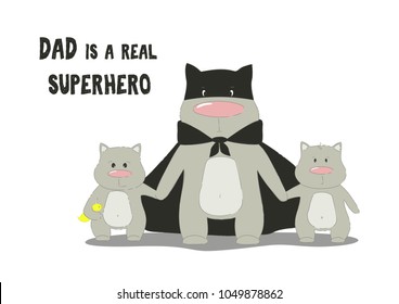 Super hero cat dad with son and daughter. Father cat and kittens family team. Cartoon super cat. Vector illustration.