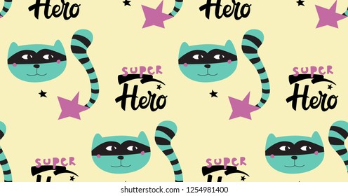 Super hero cat seamless cartoon background. Cute animal texture for kids in vector hand drawn style.
